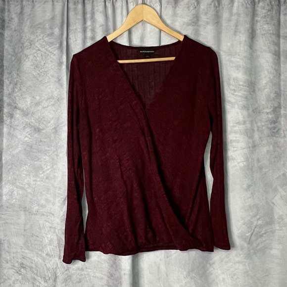 Rock & Republic Burgundy & Black Faux Wrap Long Sleeve Ribbed Top - MED - Picture 8 of 11